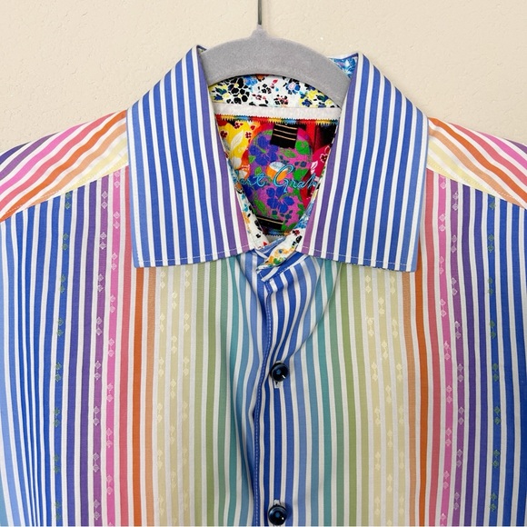Robert Graham Mens Large Sport Shirt Rainbow Stripe Floral Flip Cuff | Size M - Picture 3 of 10